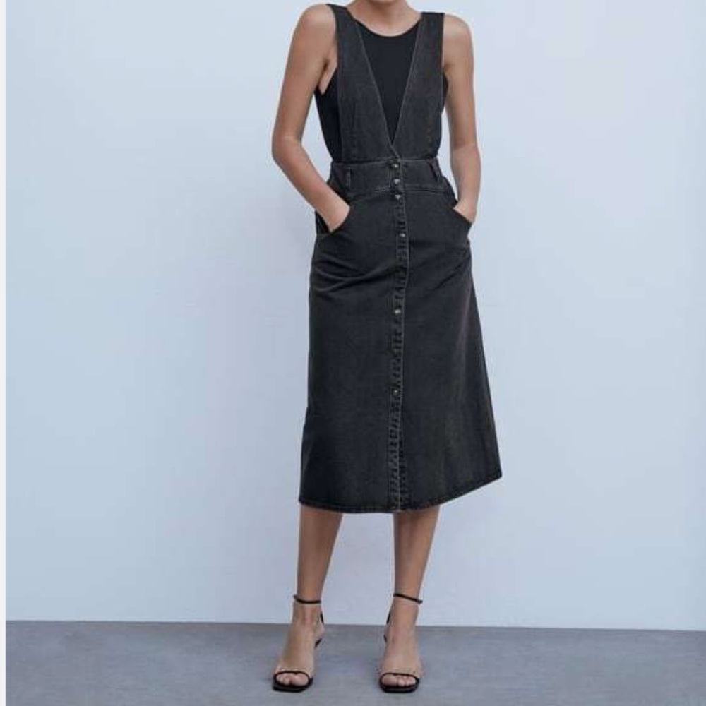 ZARA Button Up Black Denim overall Dress.